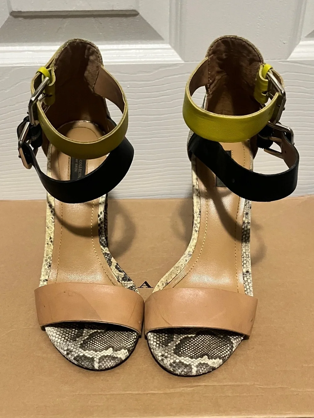 Zara Multicolor Leather & Snake-Print Ankle Strap Sandals Heels - Picture 1 of 9